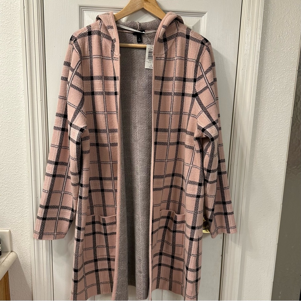 Torrid Blush Pink Plaid Open Front Hooded Cardigan size 1